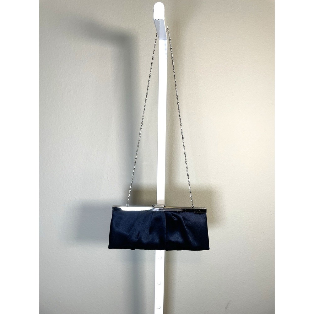 Jessica McClintock Navy Blue Satin Evening Clutch Purse w/ Chain‎ Strap Formal